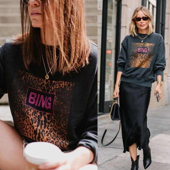 Anine Bing Tops - ANINE BING Ramona Leopard Graphic Distressed Sweatshirt Black Pink RARE